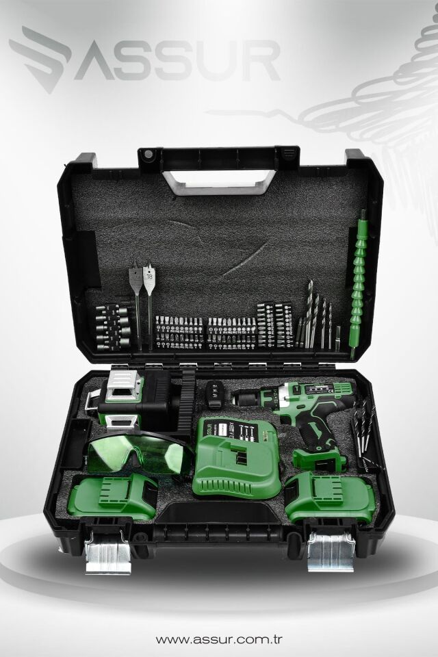 Assur Profesyonel 12V Çift Akülü Vidalama 84 Parça & 12 Köşe 360° Lazer Hizalama Set
