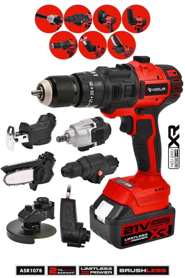 Assur Profesyonel 7 Başlıklı Set 21V Vidalama Taşlama Somun Sıkma Tilki Kuyruğu Budama Hava Pompası Hilti
