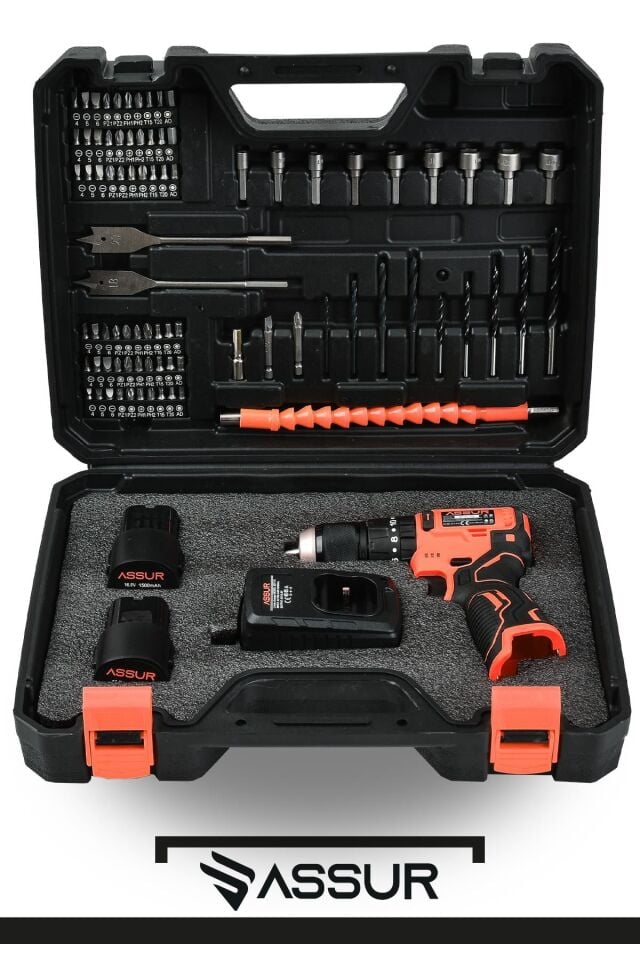 Assur 12V 13mm Çelik Mandrenli Şarjlı Matkap Akülü Vidalama 84 Parça