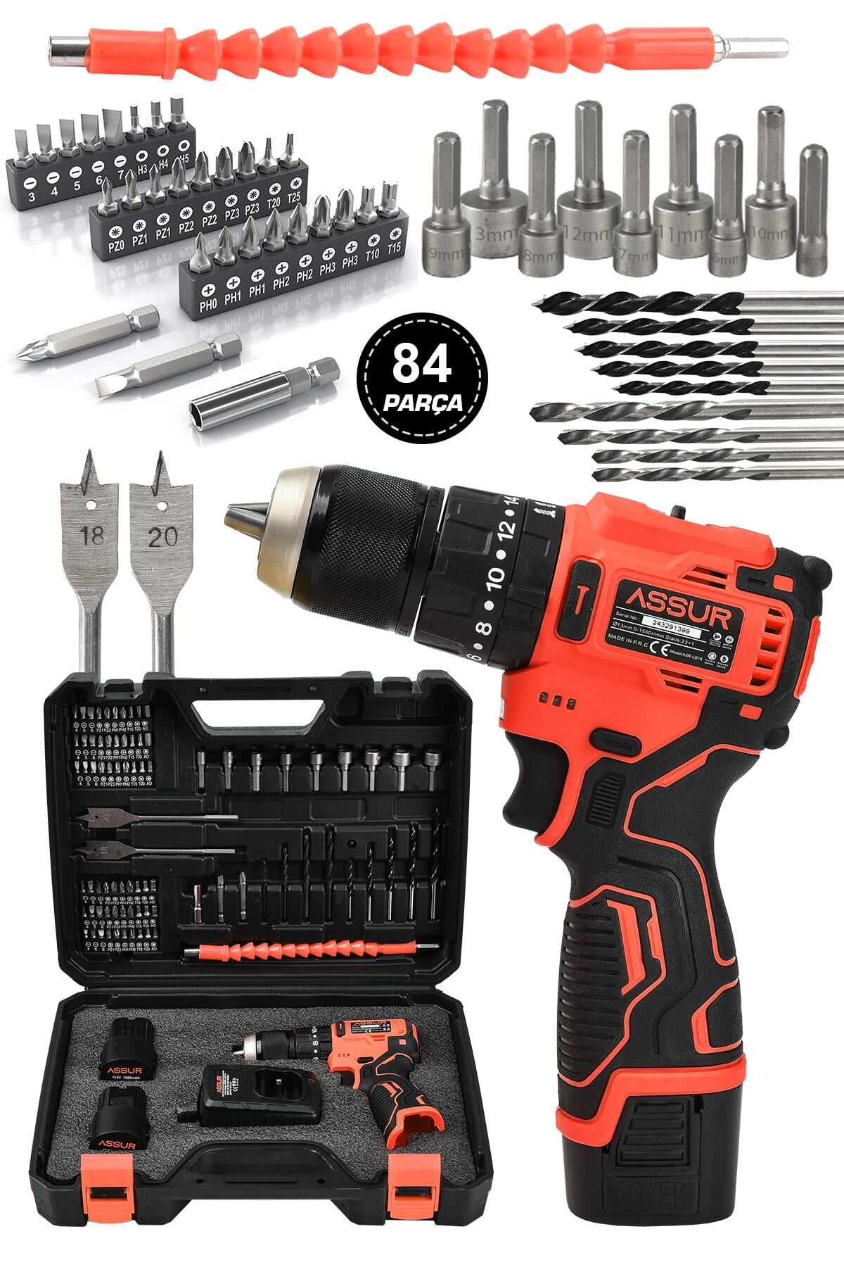 Assur 12V 13mm Çelik Mandrenli Şarjlı Matkap Akülü Vidalama 84 Parça