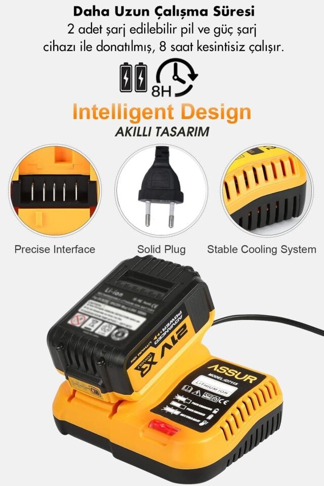 Assur Profesyonel 21V Akülü Vidalama Somun Sıkma Sökme Taşlama Kırıcı Delici Hilti 4'lü Set