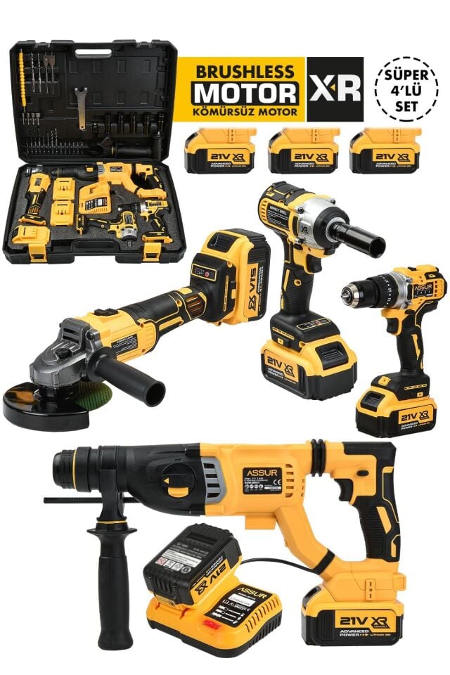 Assur Profesyonel 21V Akülü Vidalama Somun Sıkma Sökme Taşlama Kırıcı Delici Hilti 4'lü Set