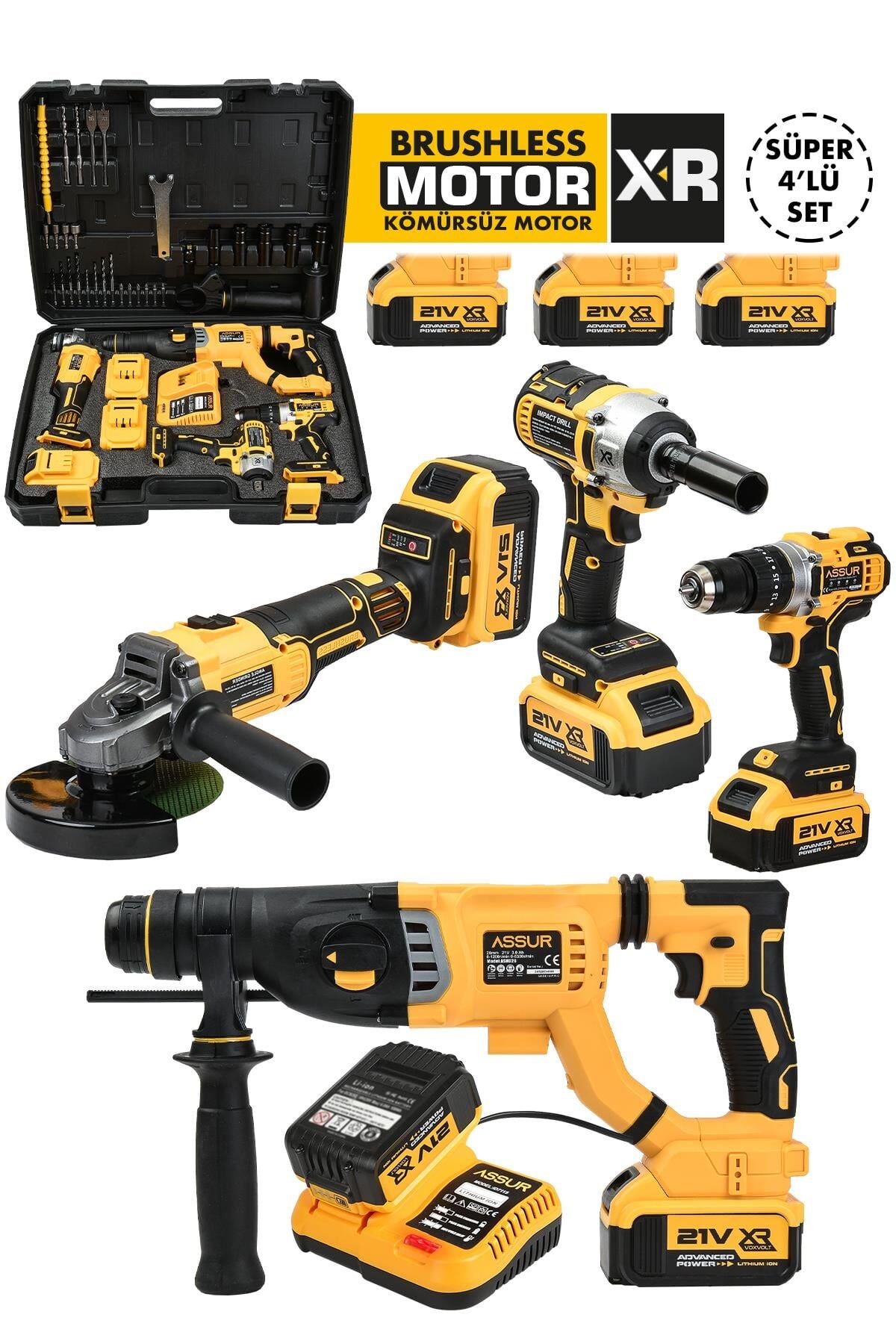 Assur Profesyonel 21V Akülü Vidalama Somun Sıkma Sökme Taşlama Kırıcı Delici Hilti 4'lü Set