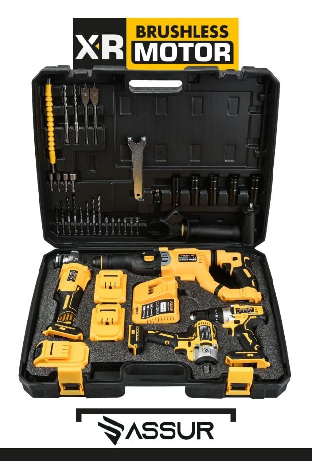 Assur Profesyonel 21V Akülü Vidalama Somun Sıkma Sökme Taşlama Kırıcı Delici Hilti 4'lü Set