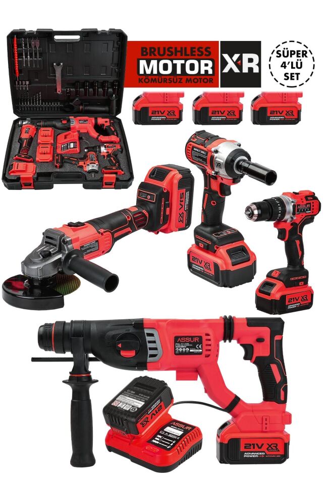 Assur Profesyonel 21V Akülü Matkap Somun Sıkma Sökme Taşlama Kırıcı Delici Hilti 4'lü Set