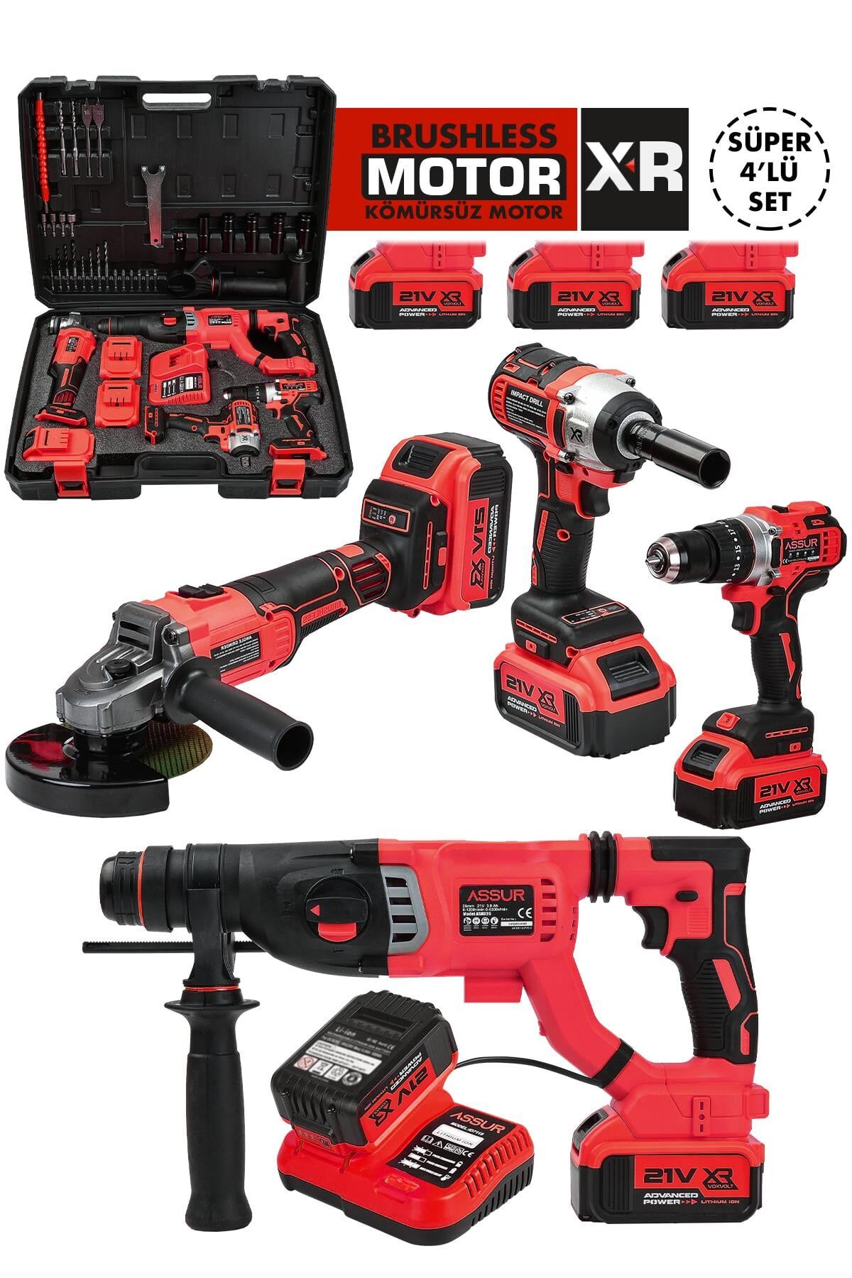 Assur Profesyonel 21V Akülü Matkap Somun Sıkma Sökme Taşlama Kırıcı Delici Hilti 4'lü Set