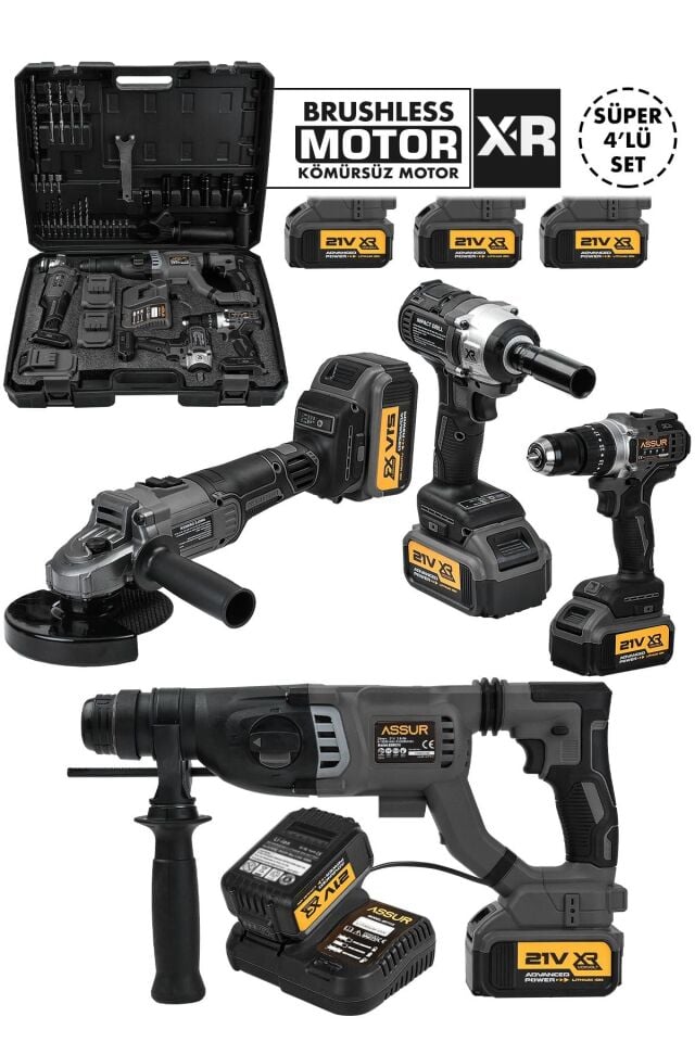 Assur Profesyonel 21V Akülü Kırıcı Delici Hilti Matkap Somun Sıkma Sökme Taşlama 4'lü Set