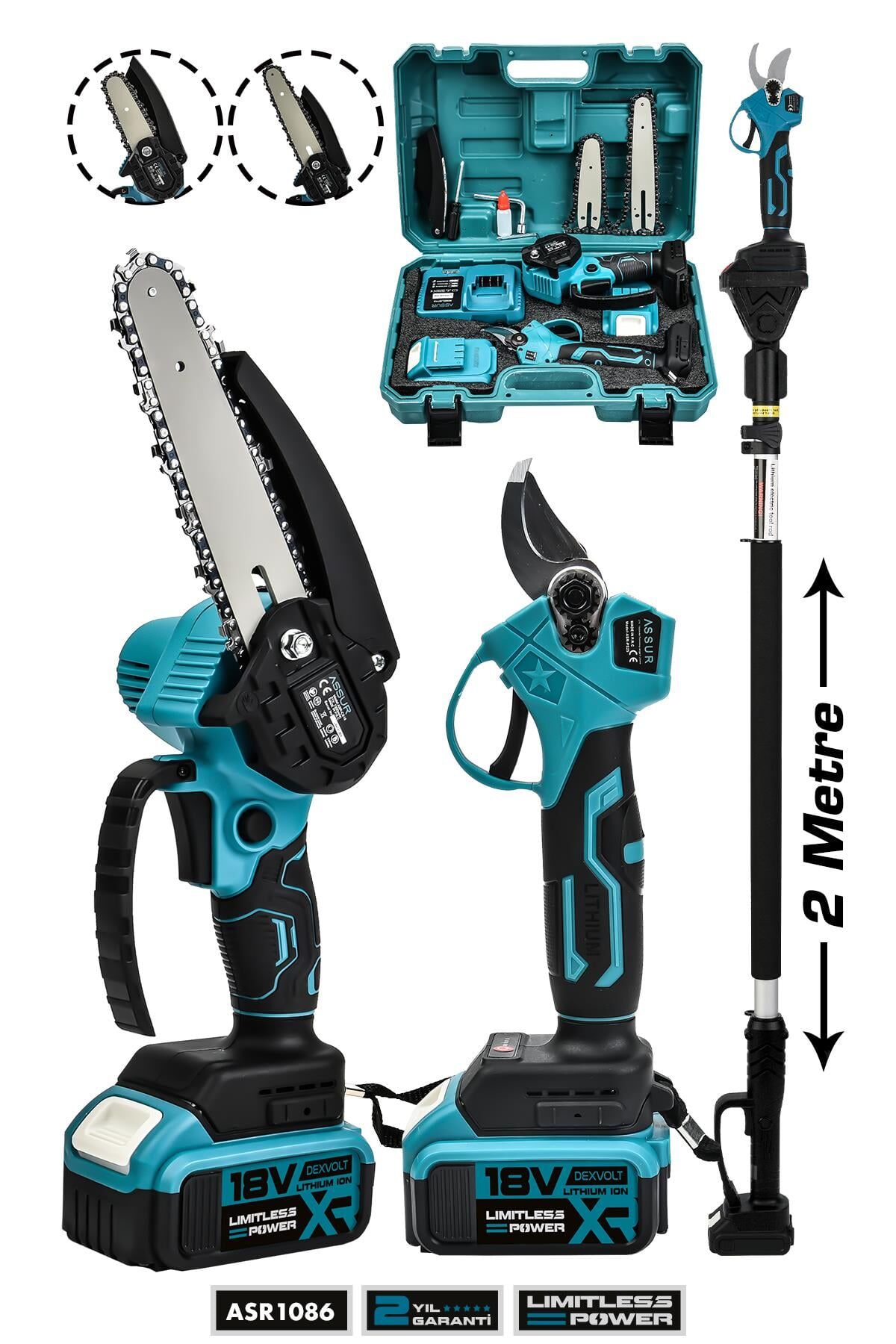 Assur Profesyonel 2'li Set 18V Çift Akülü Teleskopik Kollu Bağ Makası ve Budama Testeresi Makinesi