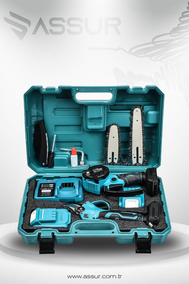 Assur Profesyonel 2'li Set 18V Çift Akülü Teleskopik Kollu Bağ Makası ve Budama Testeresi Makinesi