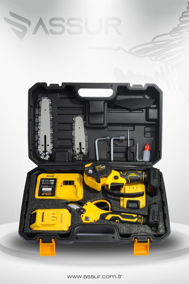Assur Profesyonel 2'li Set 18V Çift Akülü Teleskopik Kollu Bağ Makası ve Budama Testeresi Makinesi