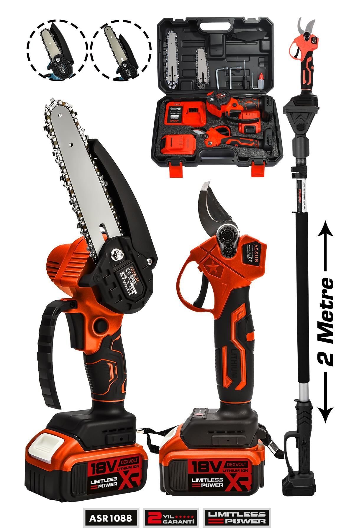 Assur Profesyonel 2'li Set 18V Çift Akülü Teleskopik Kollu Bağ Makası ve Budama Testeresi Makinesi