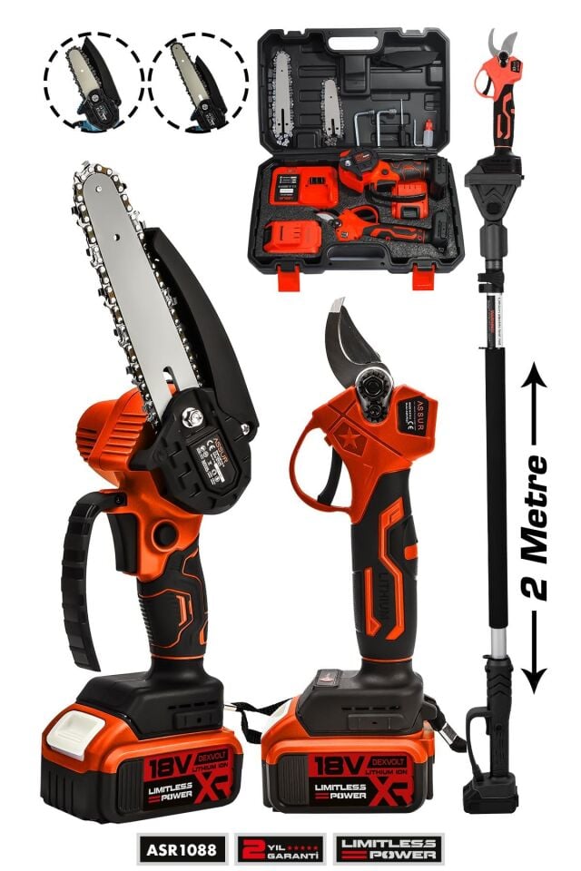 Assur Profesyonel 2'li Set 18V Çift Akülü Teleskopik Kollu Bağ Makası ve Budama Testeresi Makinesi