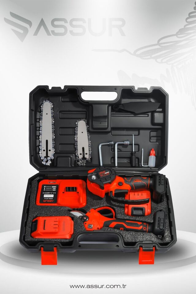 Assur Profesyonel 2'li Set 18V Çift Akülü Teleskopik Kollu Bağ Makası ve Budama Testeresi Makinesi