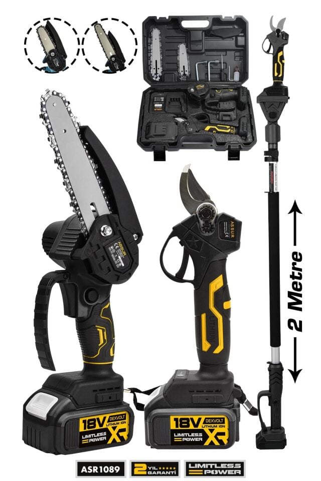 Assur Profesyonel 2'li Set 18V Çift Akülü Teleskopik Kollu Bağ Makası ve Budama Testeresi Makinesi