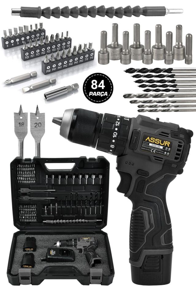Assur 12V 13mm Çelik Mandrenli Şarjlı Matkap Akülü Vidalama 84 Parça