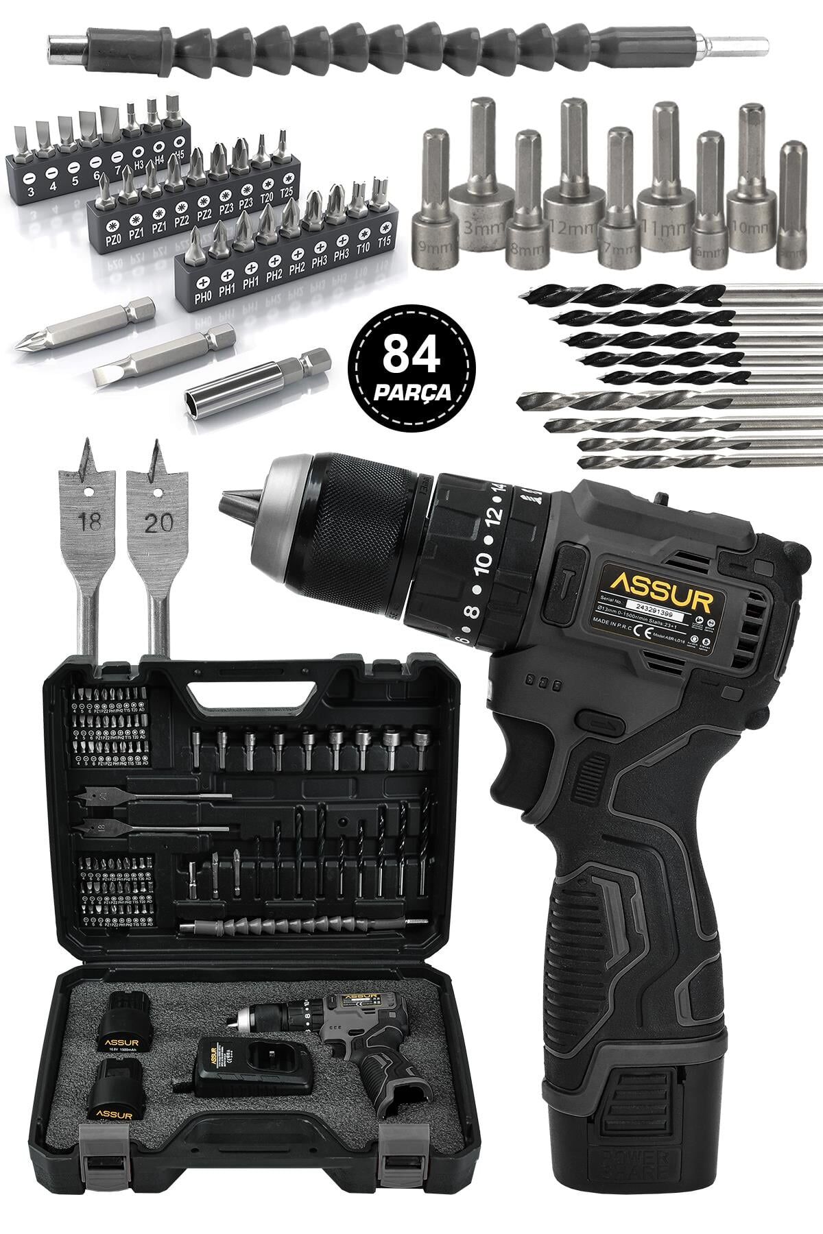 Assur 12V 13mm Çelik Mandrenli Şarjlı Matkap Akülü Vidalama 84 Parça