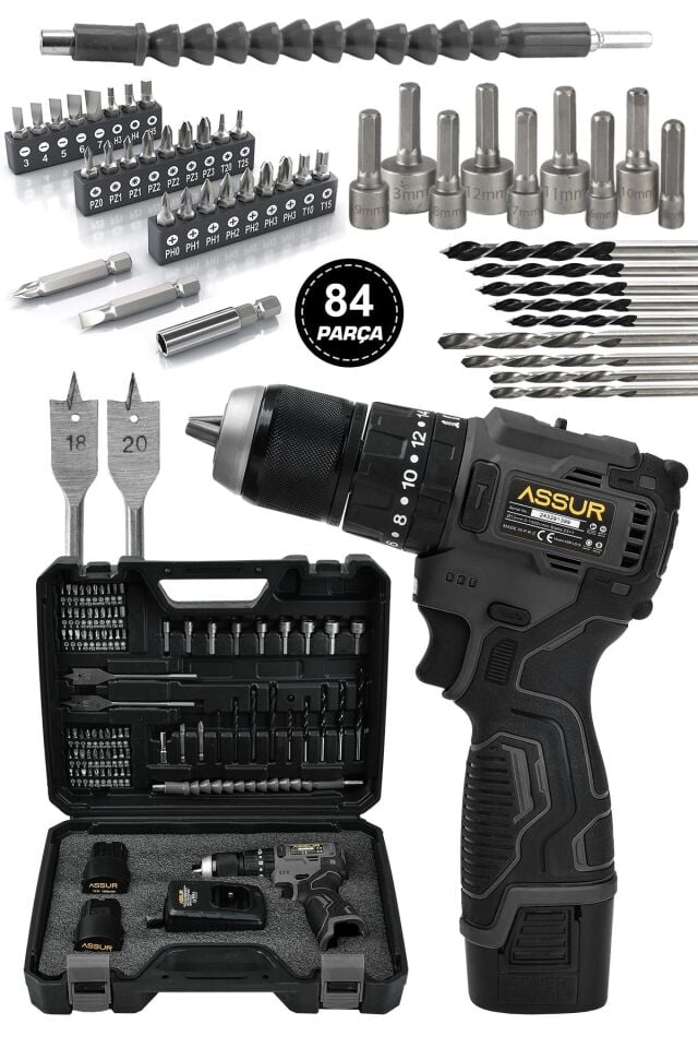 Assur 12V 13mm Çelik Mandrenli Şarjlı Matkap Akülü Vidalama 84 Parça