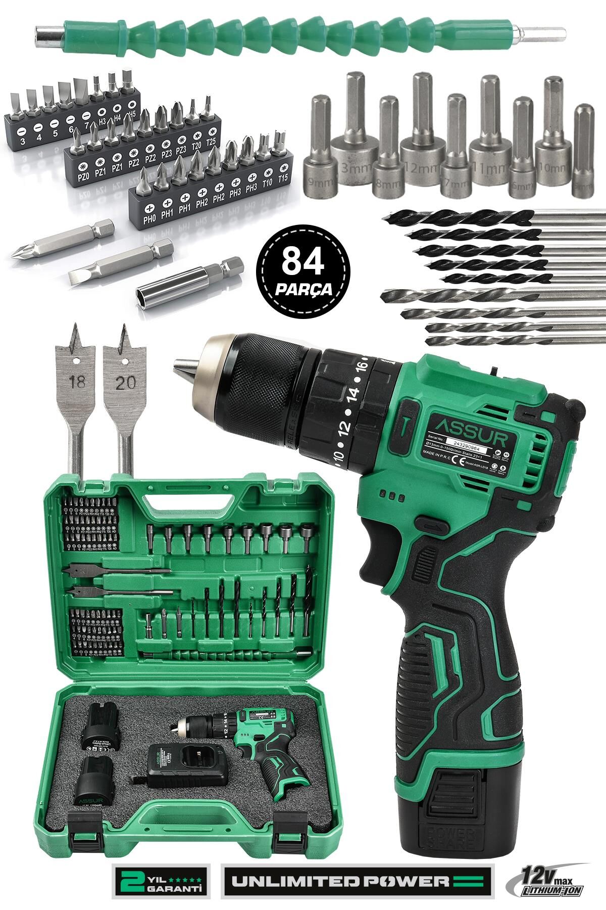 Assur 12V 13mm Çelik Mandrenli Şarjlı Matkap Akülü Vidalama 84 Parça