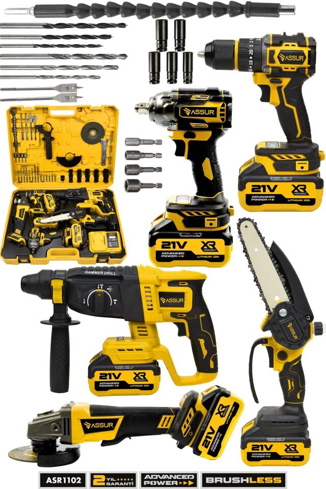Assur 21V Akülü 5'li Set Kırıcı Delici Hilti Taşlama Somun Sıkma Akülü Vidalama Budama Testeresi