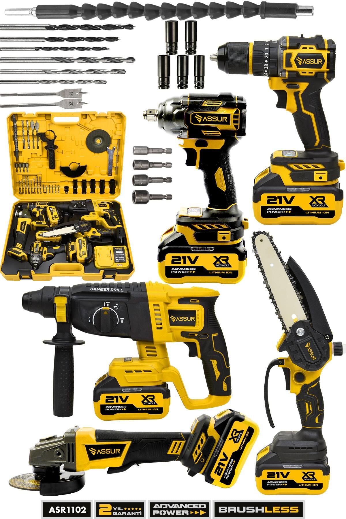 Assur 21V Akülü 5'li Set Kırıcı Delici Hilti Taşlama Somun Sıkma Akülü Vidalama Budama Testeresi