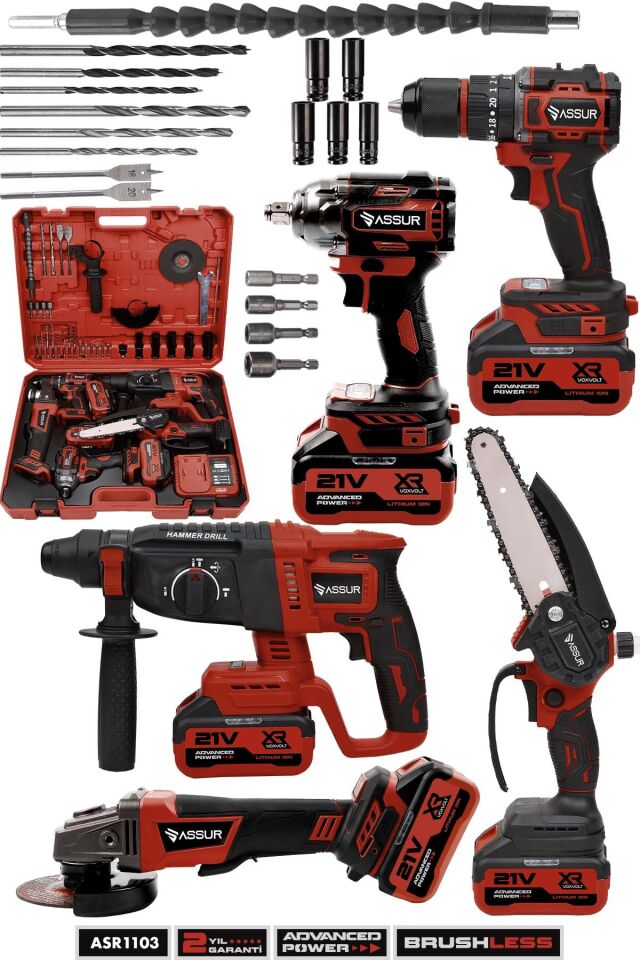 Assur 21V Akülü 5'li Set Kırıcı Delici Hilti Taşlama Somun Sıkma Akülü Vidalama Budama Testeresi