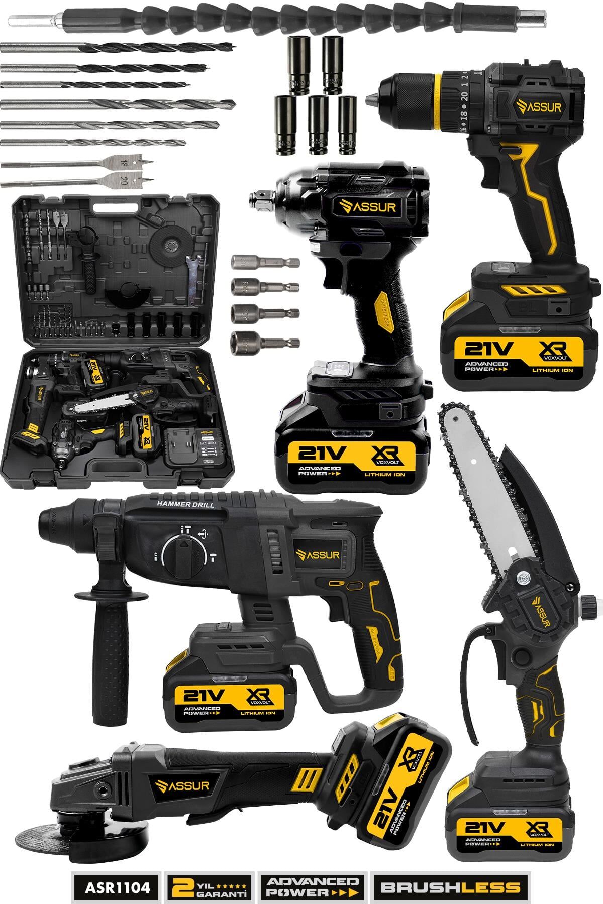 Assur 21V Akülü 5'li Set Kırıcı Delici Hilti Taşlama Somun Sıkma Akülü Vidalama Budama Testeresi