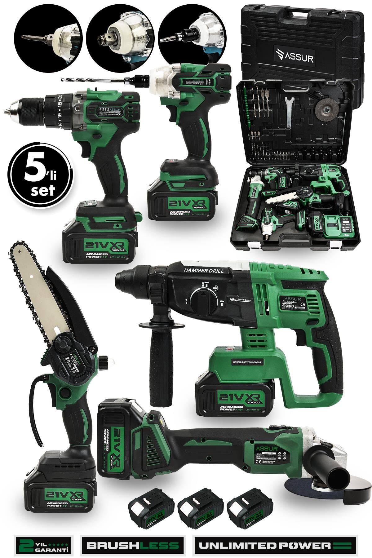 Assur 21V Akülü 5'li Set Kırıcı Delici Hilti Taşlama Somun Sıkma Akülü Vidalama Budama Testeresi