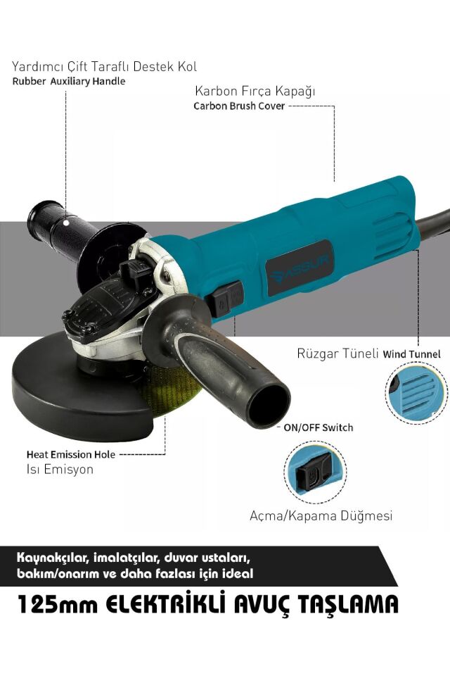 Assur 720W Metal Şanzıman Avuç İçi Taşlama Makinesi 125mm