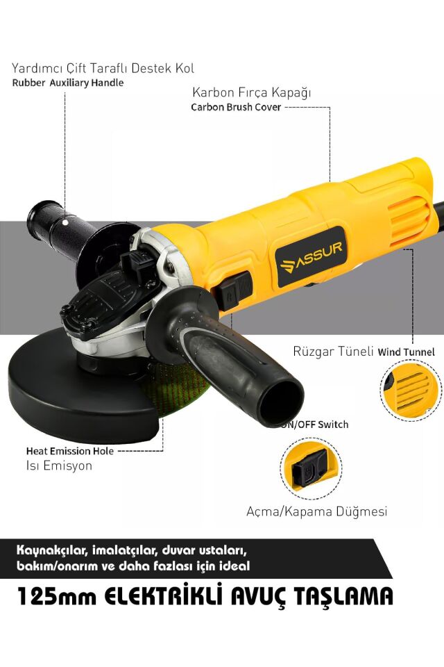 Assur Plus 720W Metal Şanzıman Avuç İçi Taşlama Makinesi 125mm