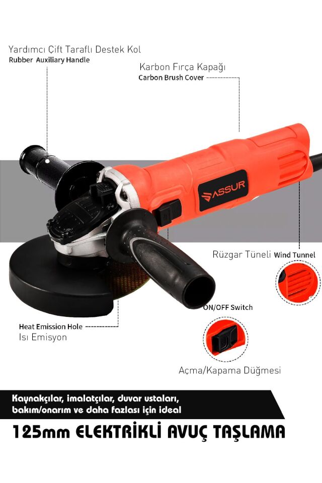 Assur 720W Metal Şanzıman Avuç İçi Taşlama Makinesi 125mm