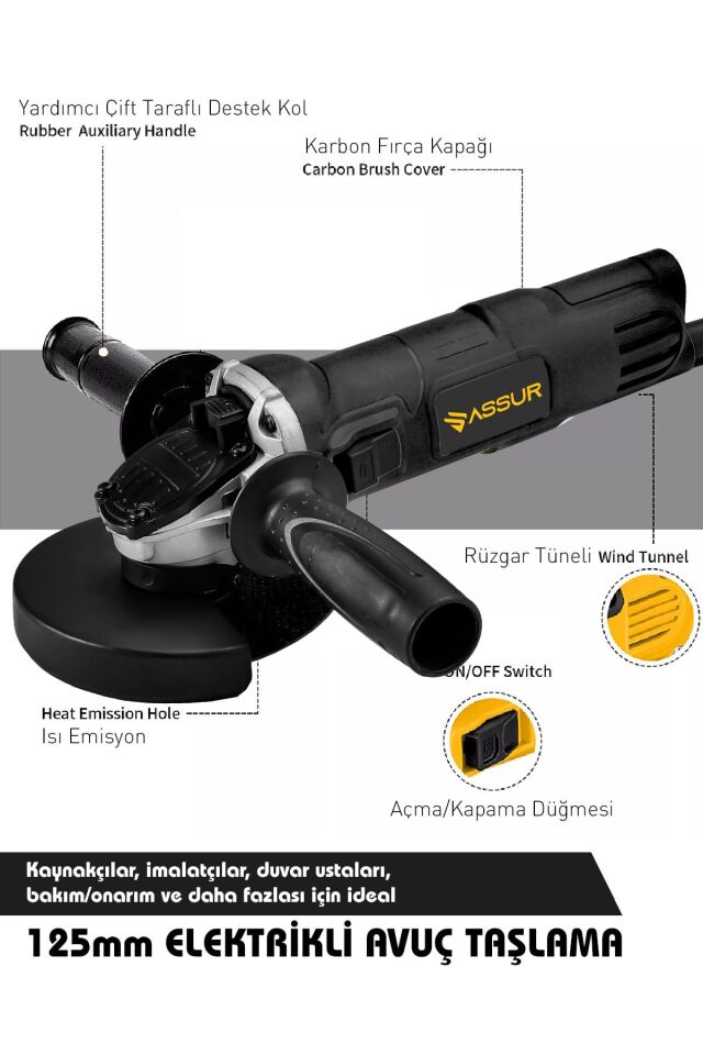 Assur 720W Metal Şanzıman Avuç İçi Taşlama Makinesi 125mm