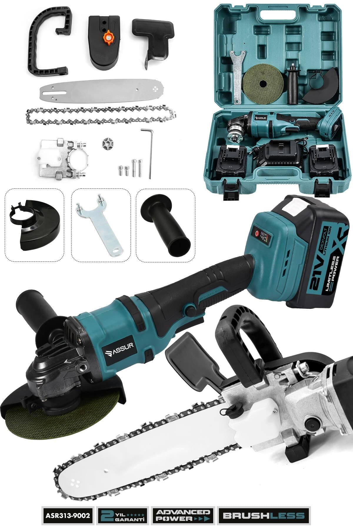 Assur 21V Çift Akülü Şarjlı 125mm Avuç Taşlama & Testere Başlık Set