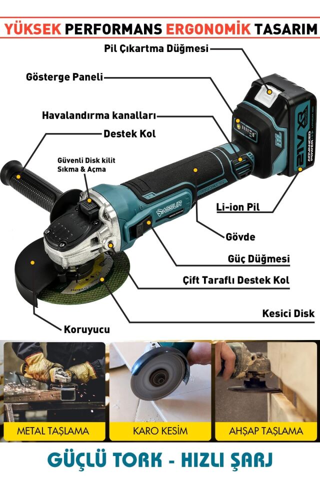 Assur 21V Çift Akülü Kömürsüz Şarjlı 125mm Avuç Taşlama