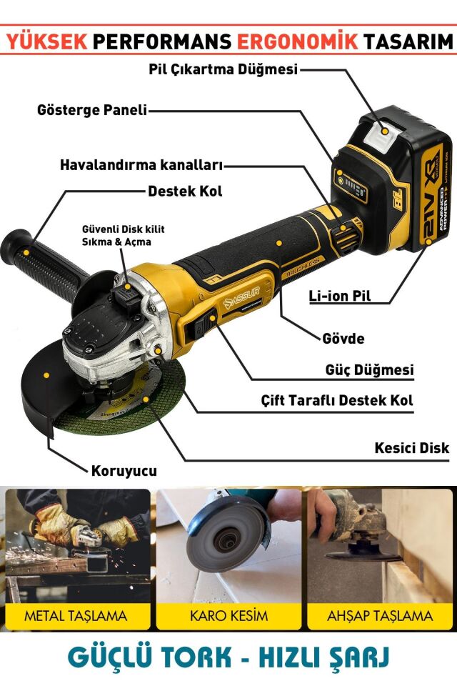 Assur 21V Çift Akülü Kömürsüz Şarjlı 125mm Avuç Taşlama