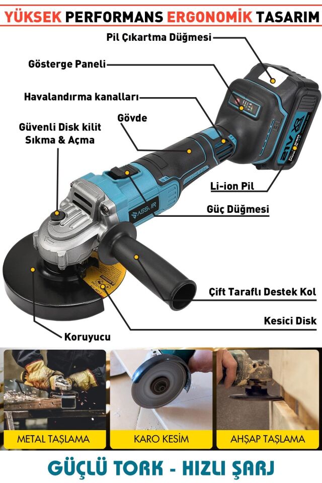 Assur 21V Çift Akülü 125mm Kömürsüz Şarjlı Taşlama
