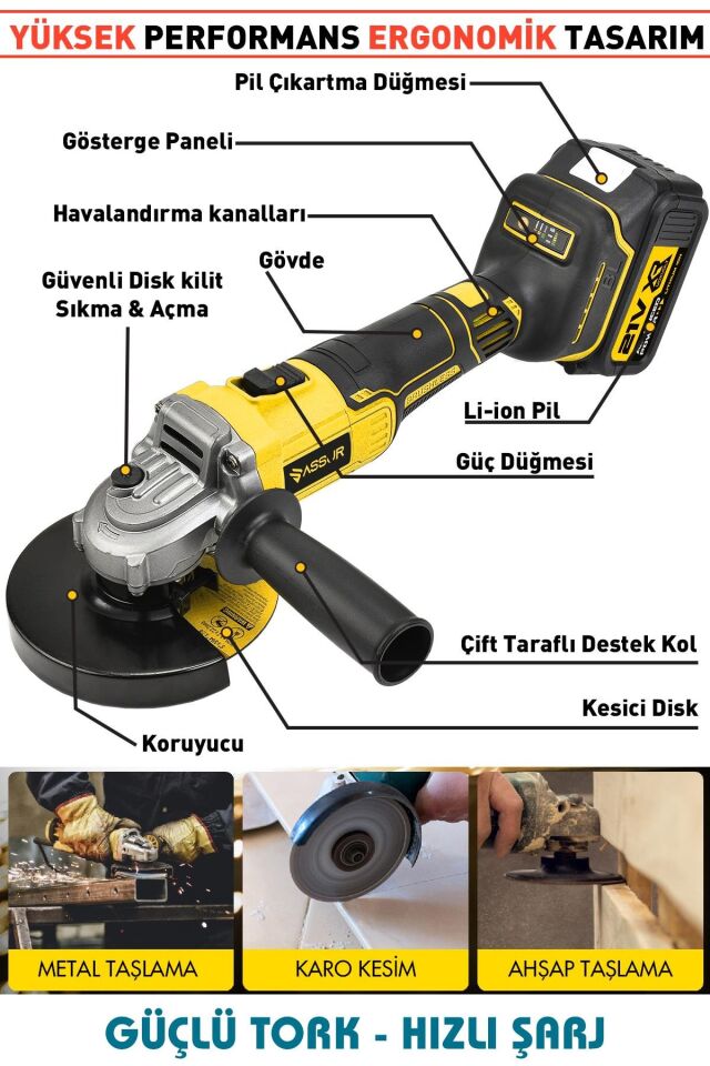 Assur 21V Çift Akülü 125mm Kömürsüz Şarjlı Taşlama