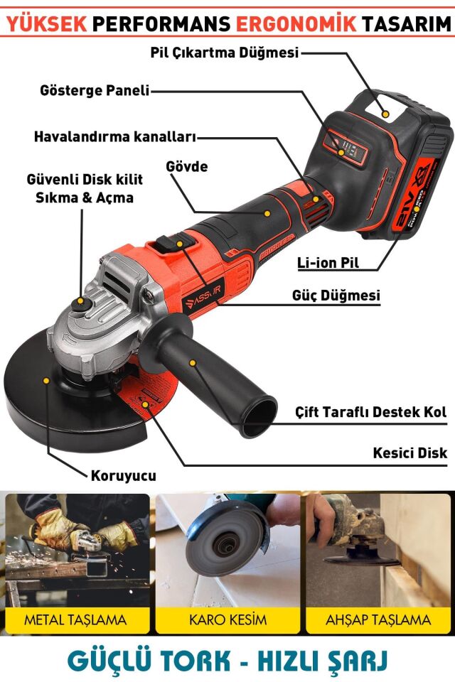 Assur 21V Çift Akülü 125mm Kömürsüz Şarjlı Taşlama