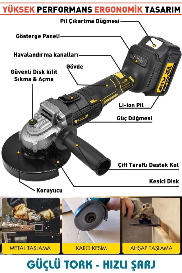 Assur 21V Çift Akülü 125mm Kömürsüz Şarjlı Taşlama
