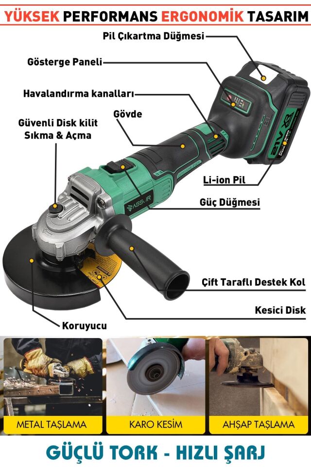 Assur 21V Çift Akülü 125mm Kömürsüz Şarjlı Taşlama