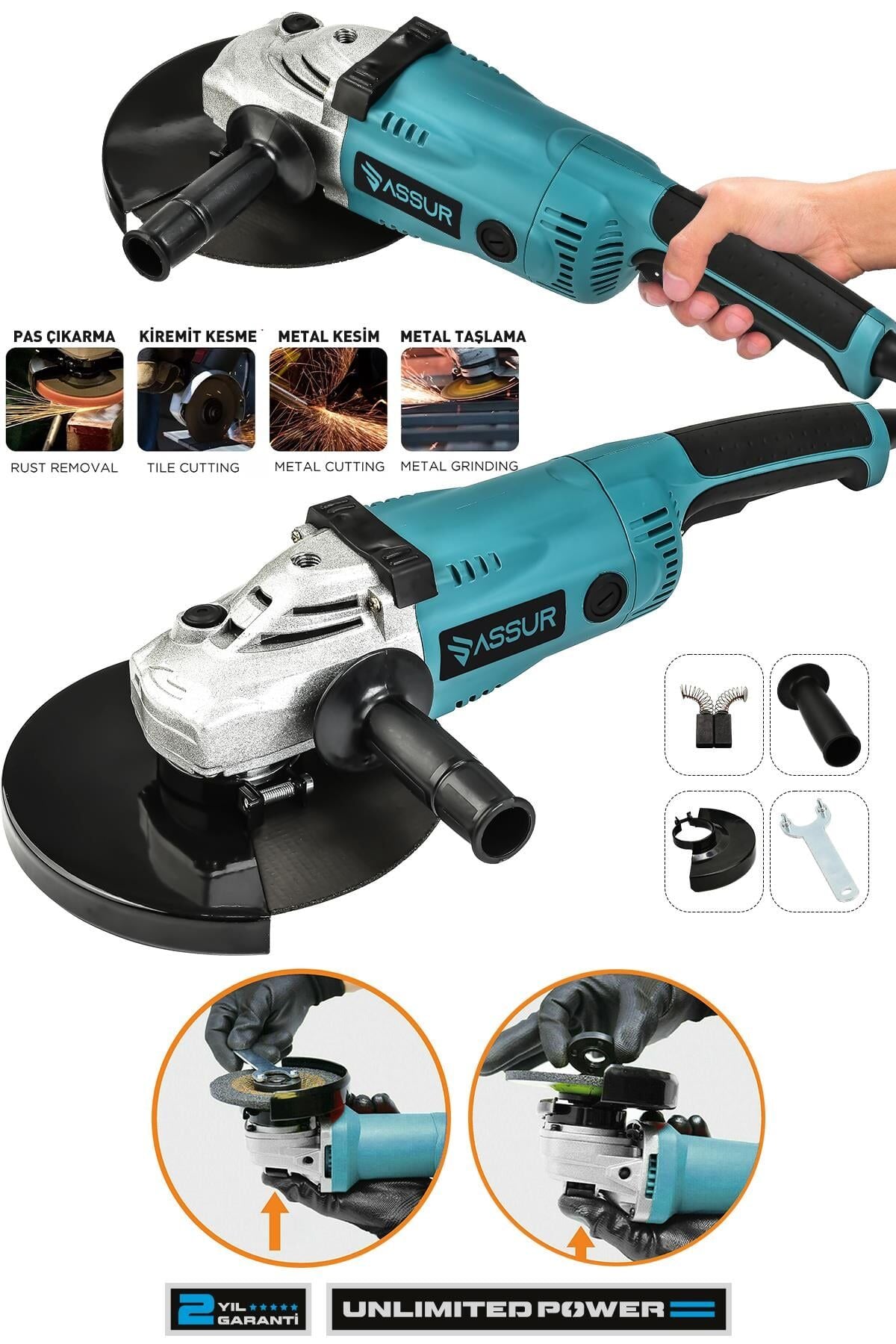 Assur 2200W Metal Şanzıman 230mm Büyük Spiral Taşlama