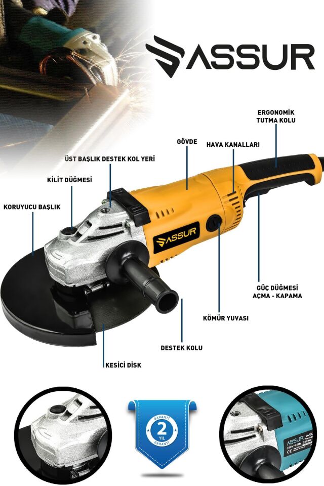 Assur 2200W Metal Şanzıman 230mm Büyük Spiral Taşlama