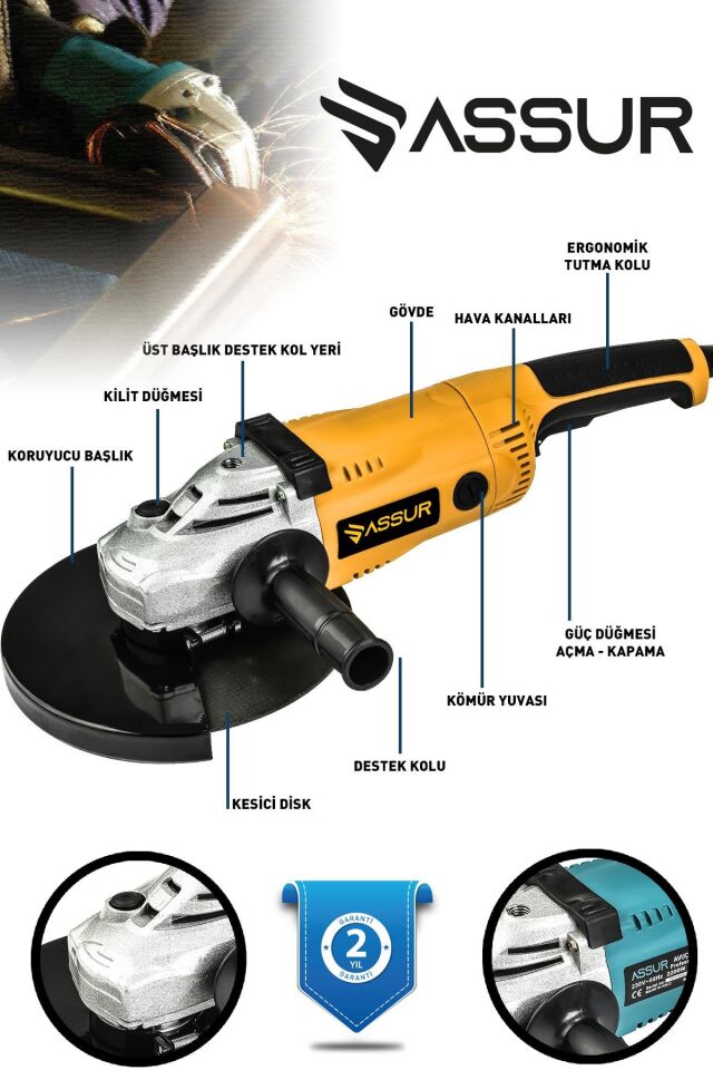 Assur 2200W Metal Şanzıman 230mm Büyük Spiral Taşlama