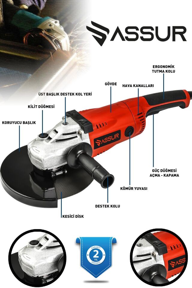 Assur 2200W Metal Şanzıman 230mm Büyük Spiral Taşlama