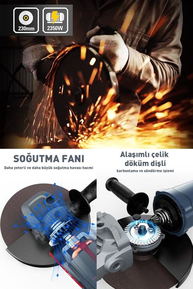 Assur 2200W Metal Şanzıman 230mm Büyük Spiral Taşlama Çantalı