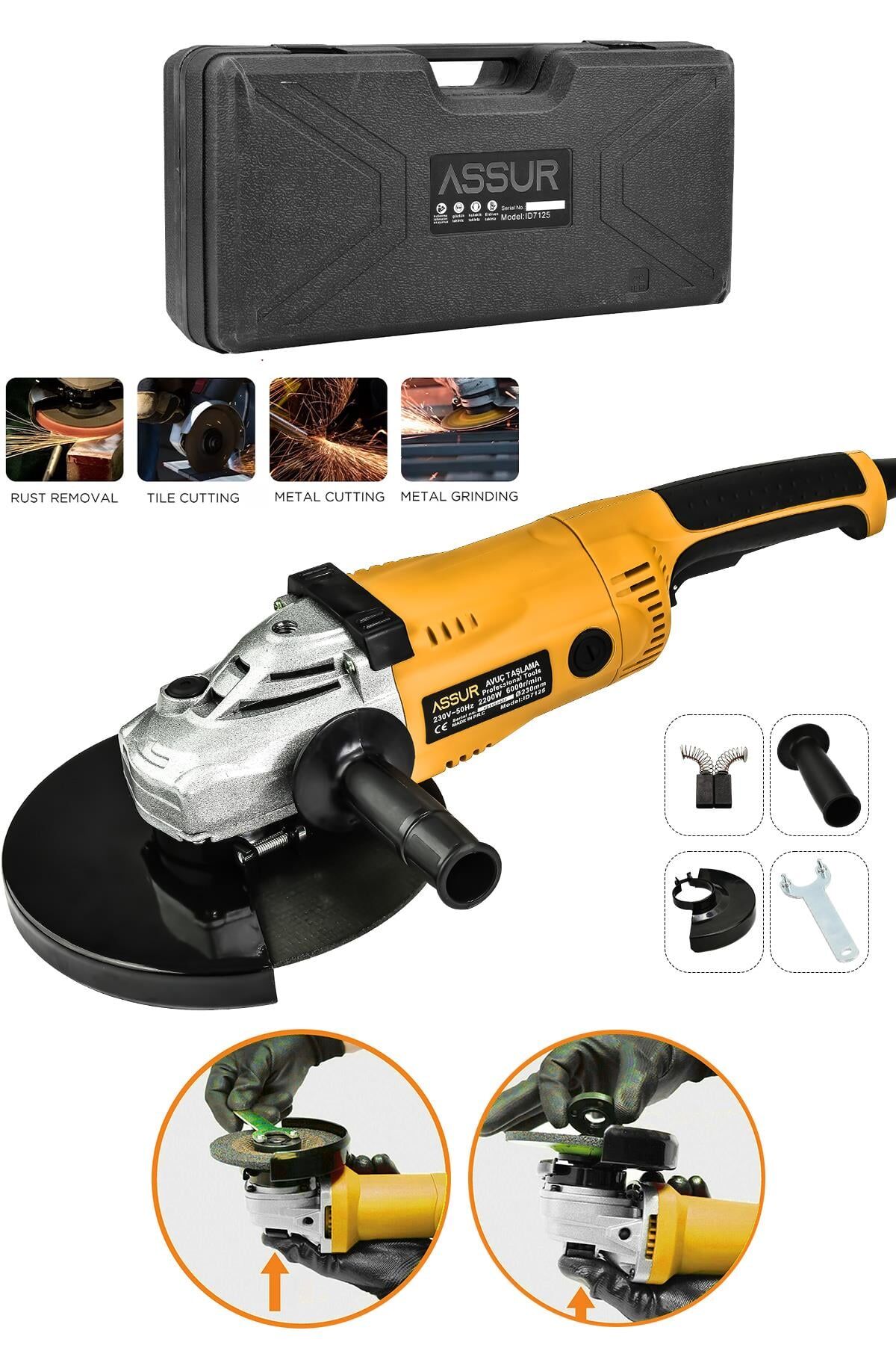 Assur 2200W Metal Şanzıman 230mm Büyük Spiral Taşlama Çantalı