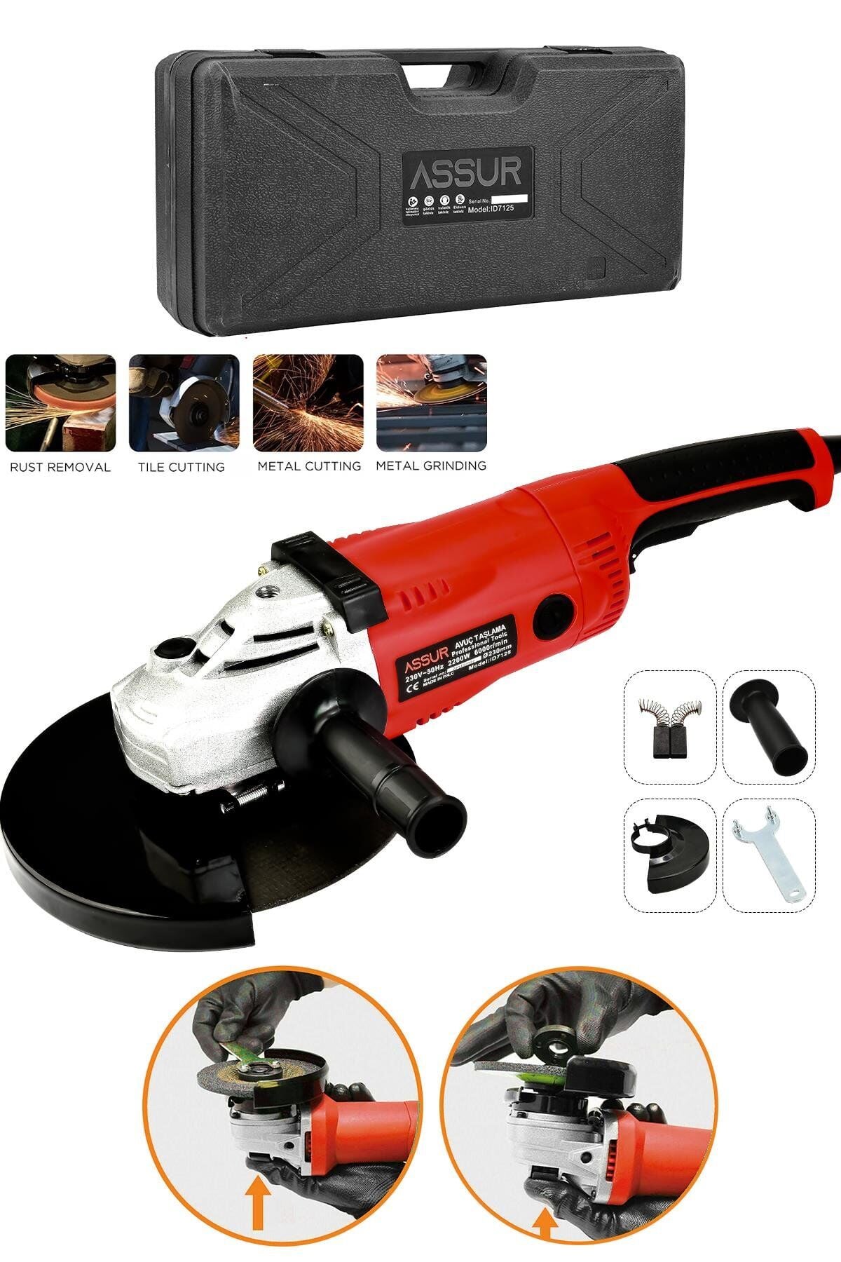 Assur 2200W Metal Şanzıman 230mm Büyük Spiral Taşlama Çantalı