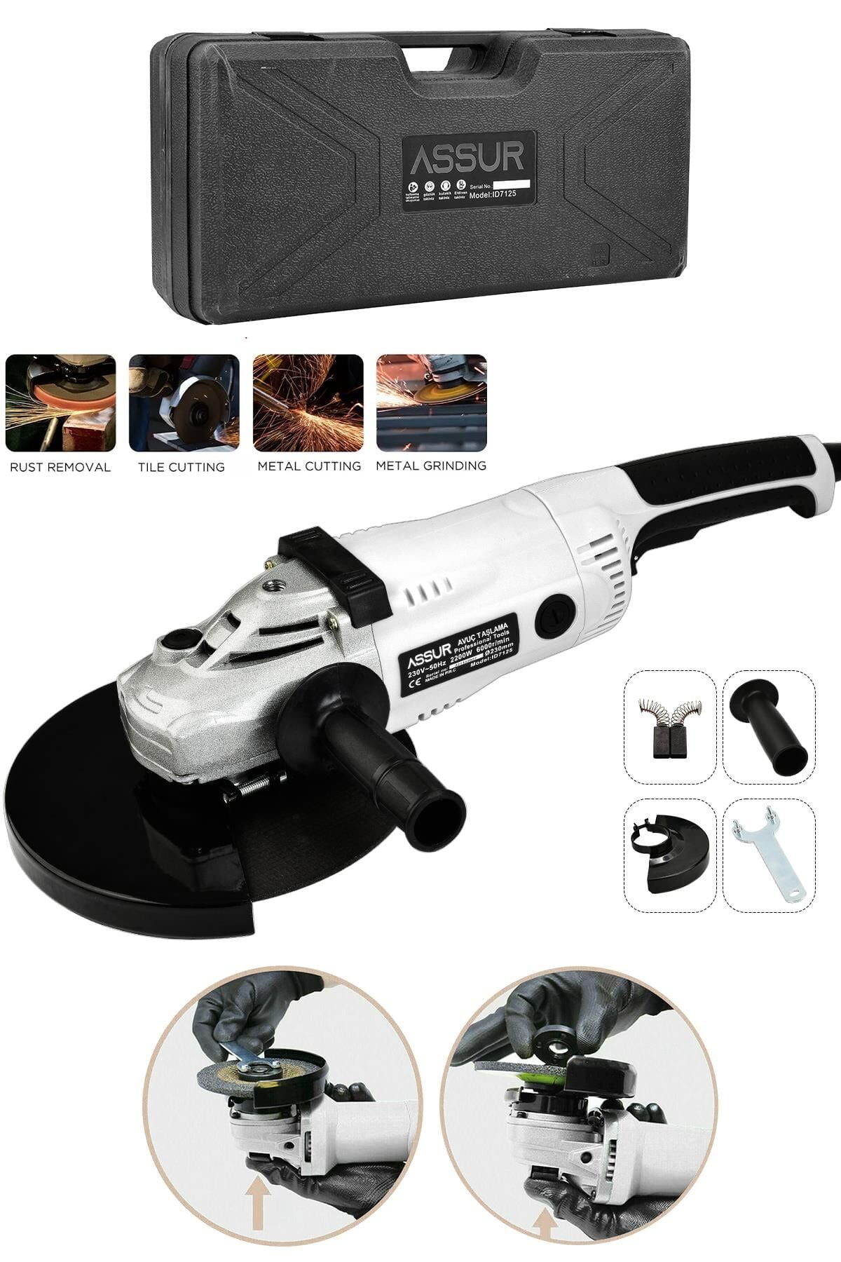 Assur 2200W Metal Şanzıman 230mm Büyük Spiral Taşlama Çantalı