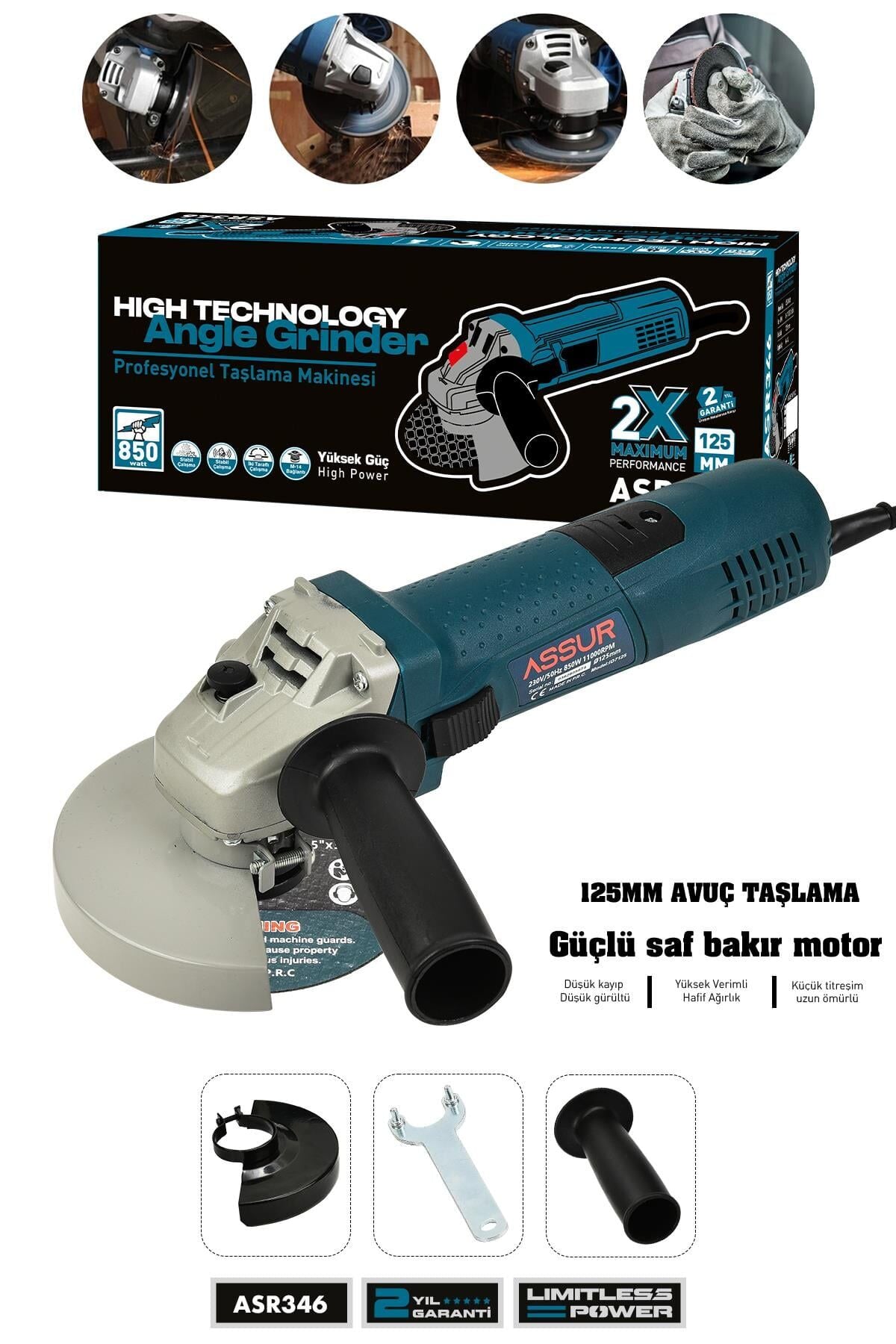 Assur 850W Avuç Taşlama Makinesi 125mm Bakır Sargılı Spiral