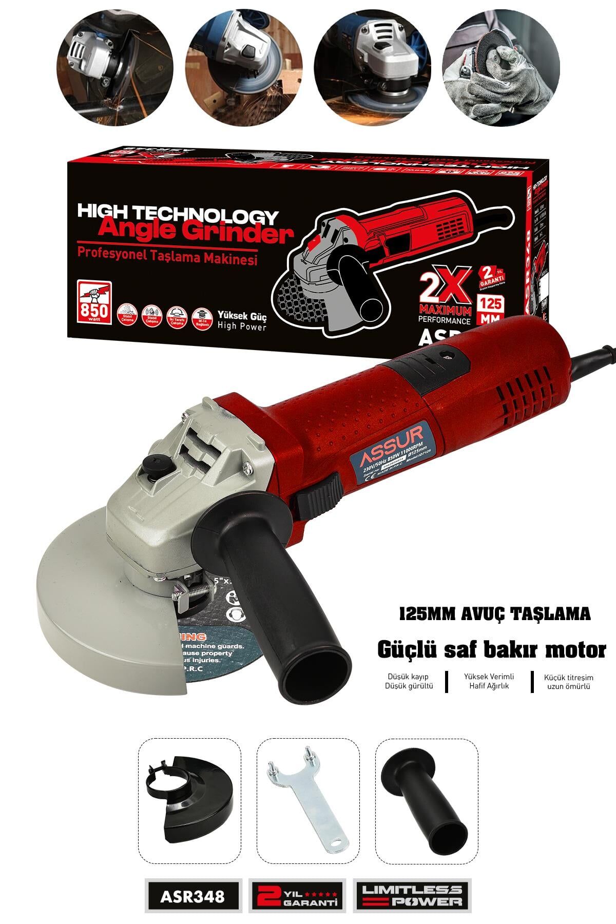 Assur 850W Avuç Taşlama Makinesi 125mm Bakır Sargılı Spiral