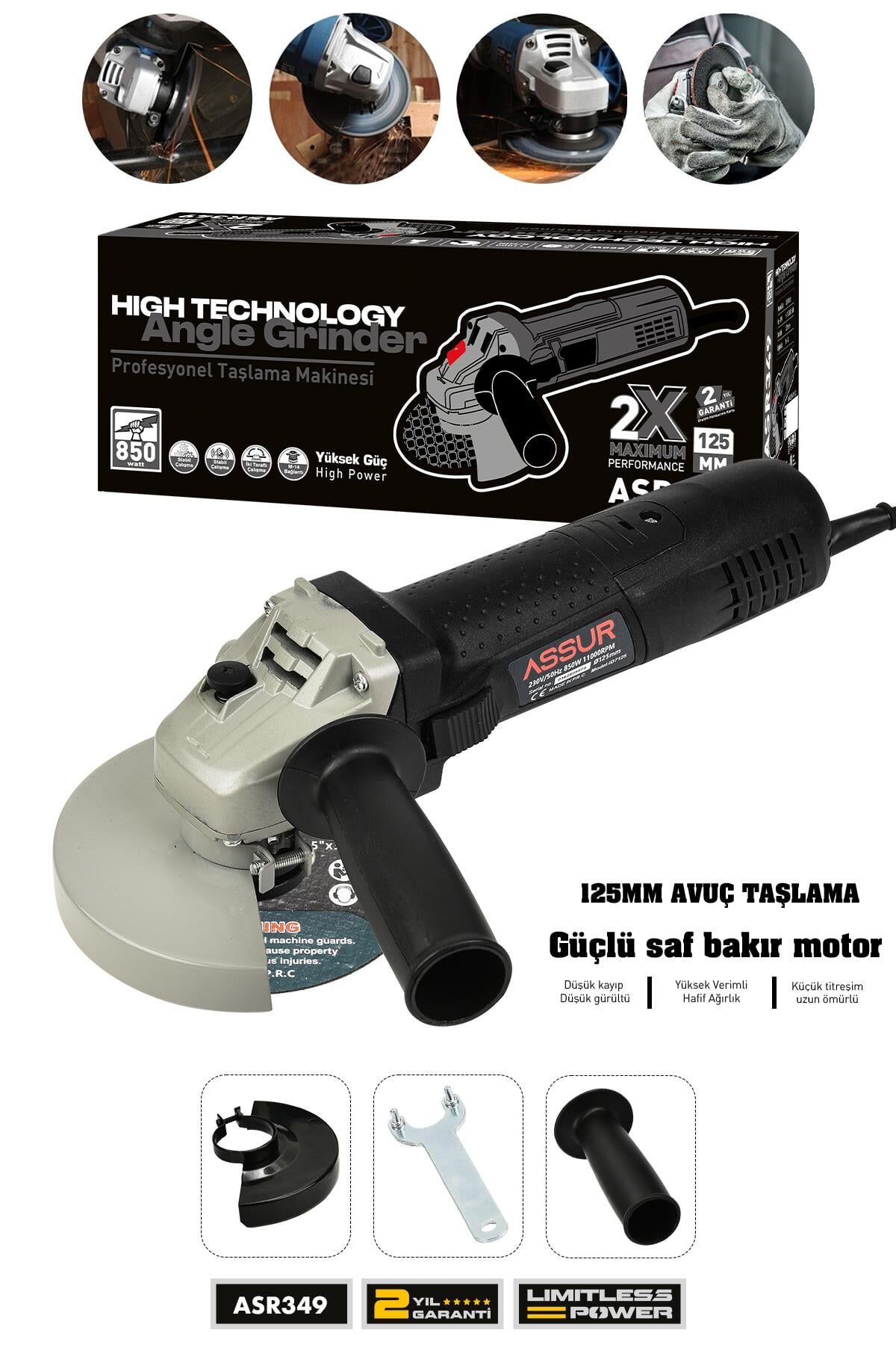 Assur 850W Avuç Taşlama Makinesi 125mm Bakır Sargılı Spiral